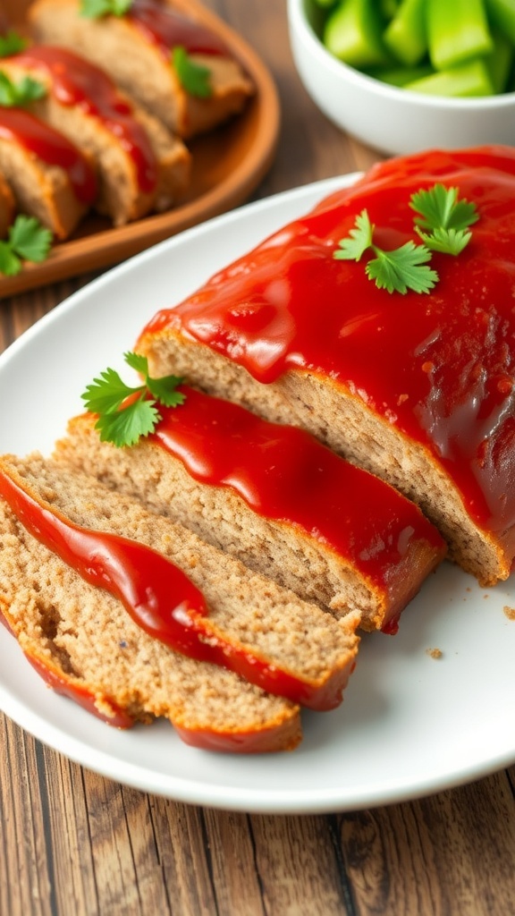 Air Fryer Chicken Meatloaf Recipe Sliced air fryer chicken meatloaf topped with ketchup, served with vegetables on a rustic table.